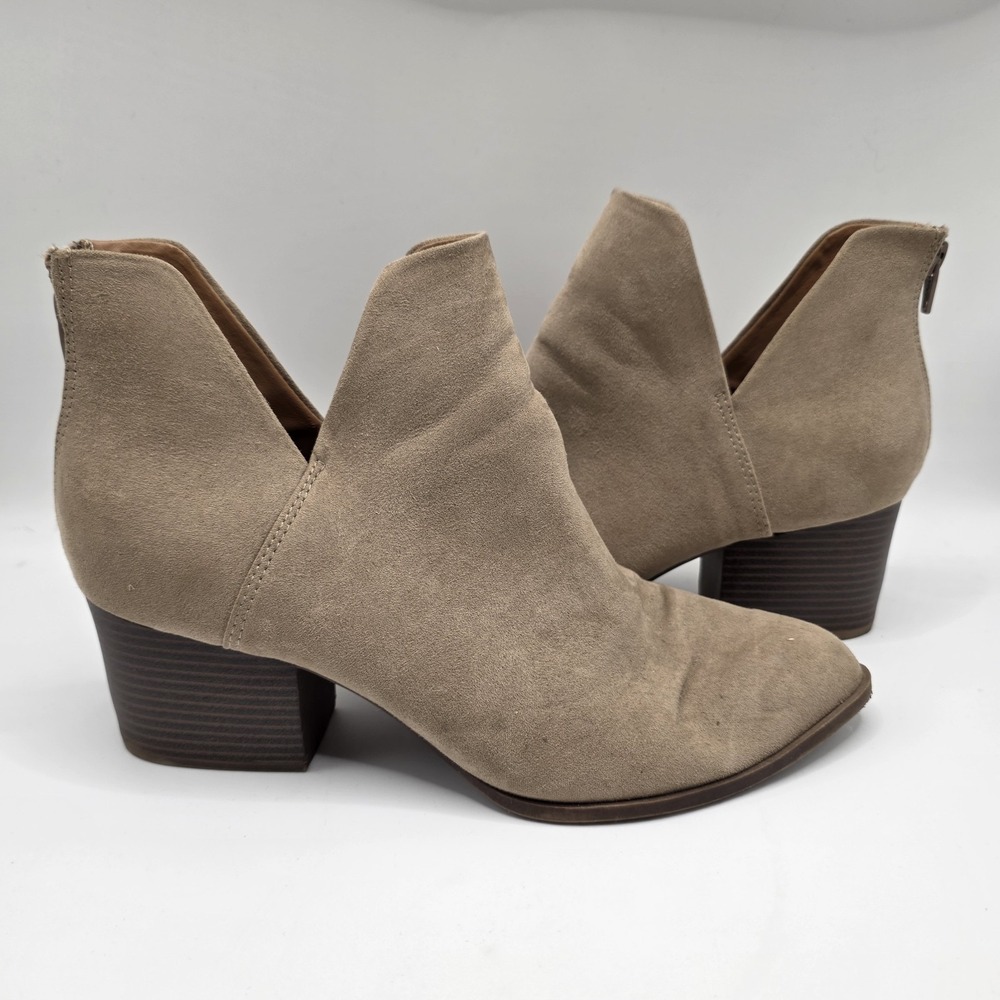 SO Ankle Boots Taupe Faux Suede V-Cut Side Block Heel Pointed Toe Booties SZ‎ 10